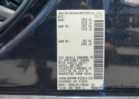 2021 Nissan Altima Sv Fwd z USA, uszkodzony, nr VIN 1N4BL4DVXMN408436